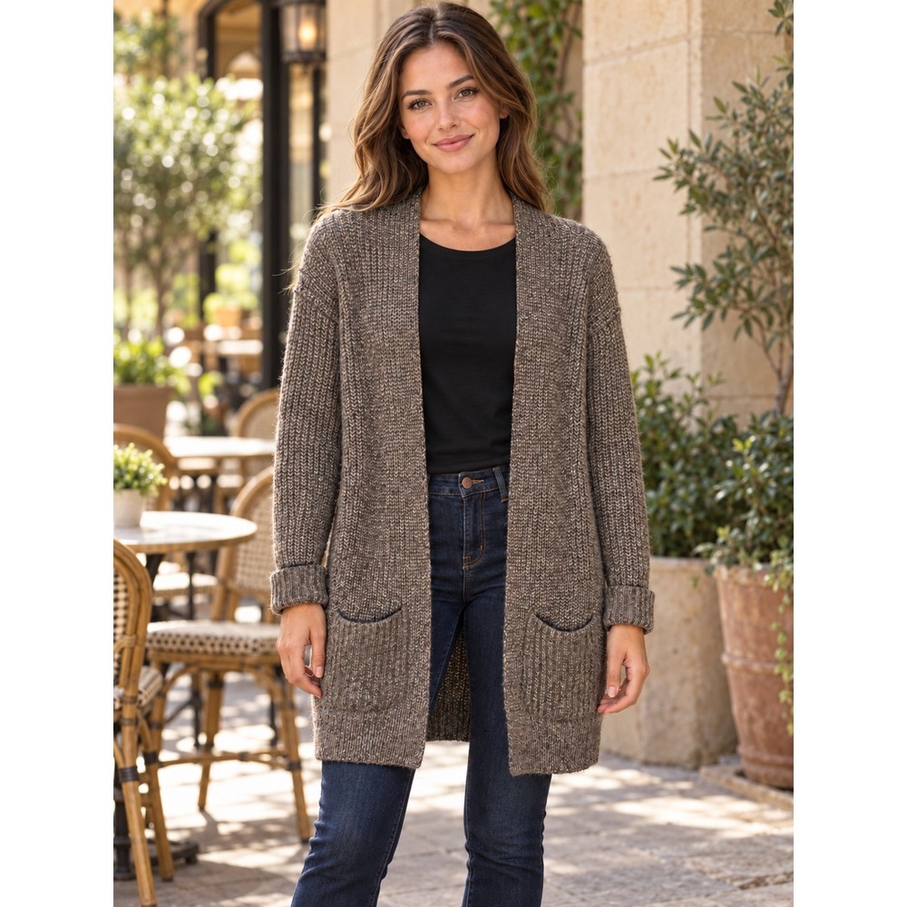 O'Neill Womens XS Marled Brown Grey Longline Open Front Cardigan Duster Sweater